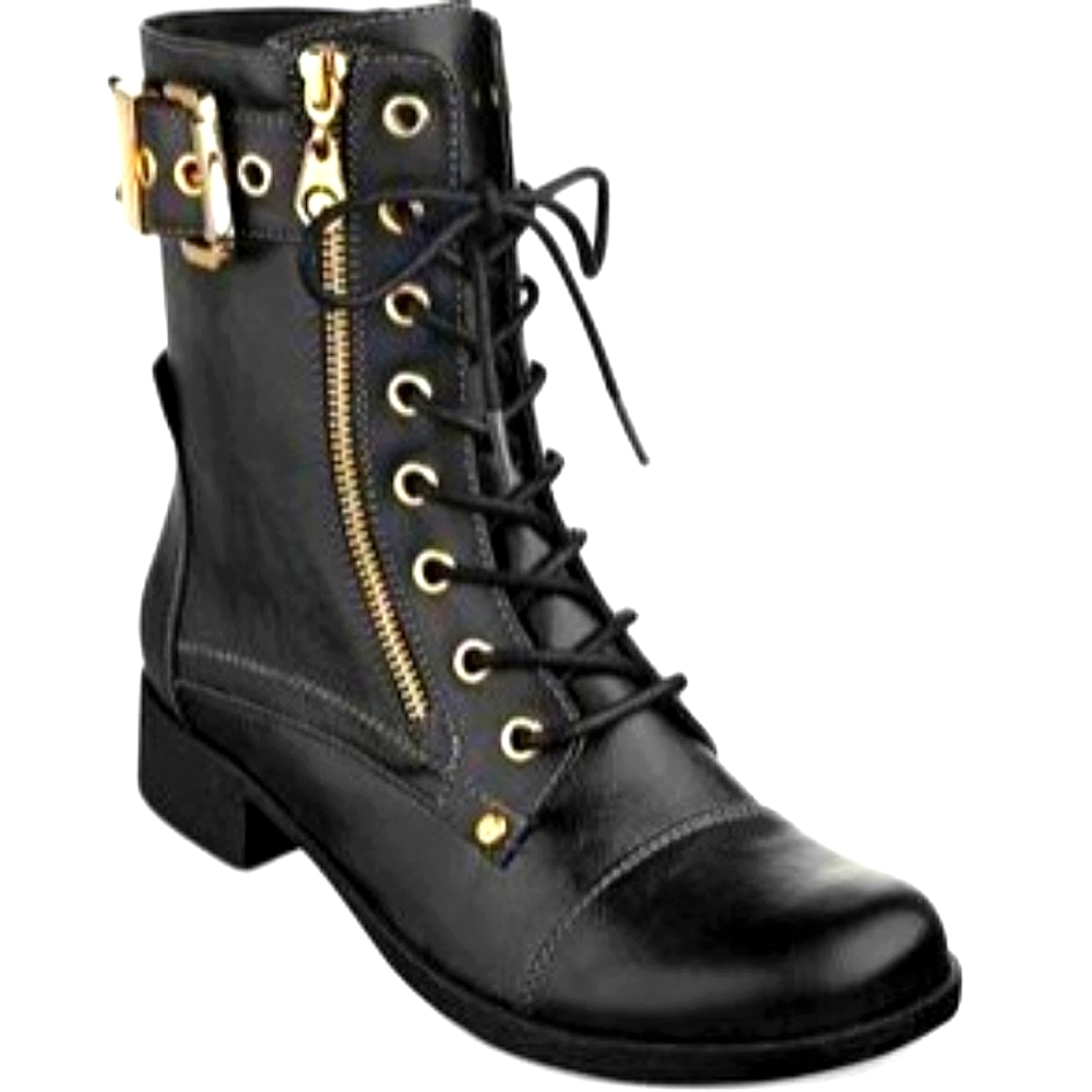Guess Berlyn Black Combat Boots 6.5 Gold Hardware